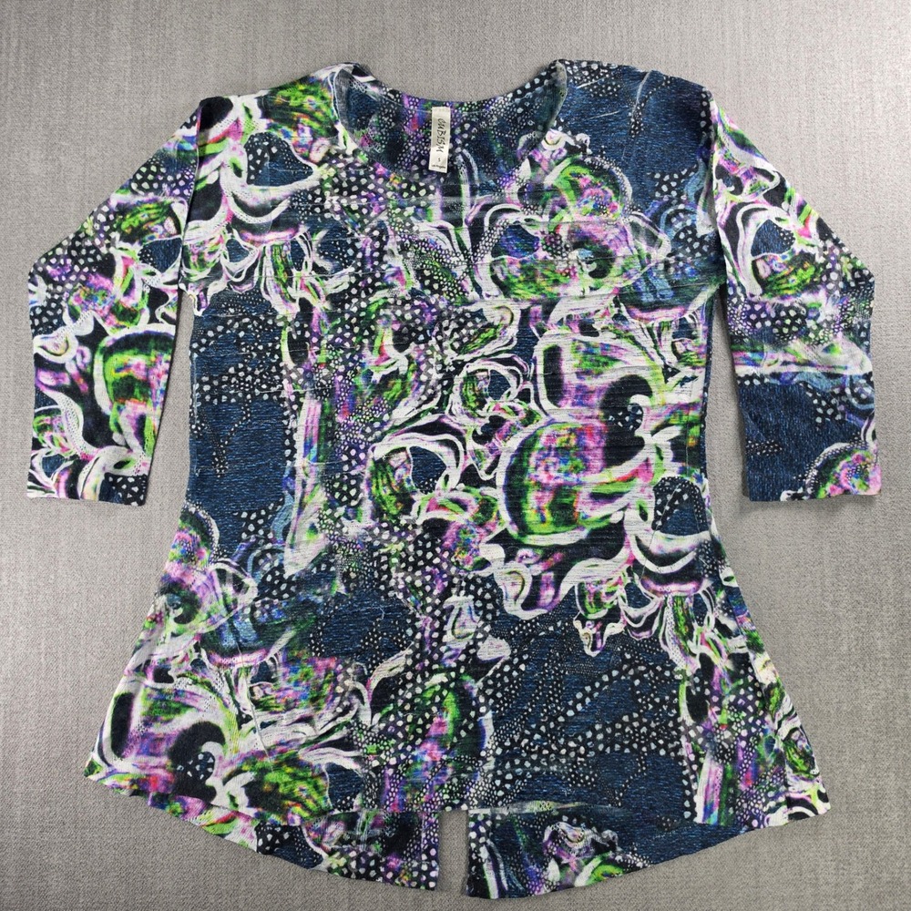 Cubism Top Women Small Blue Green Abstract Print 3/4 Sleeve Split Hem Knit